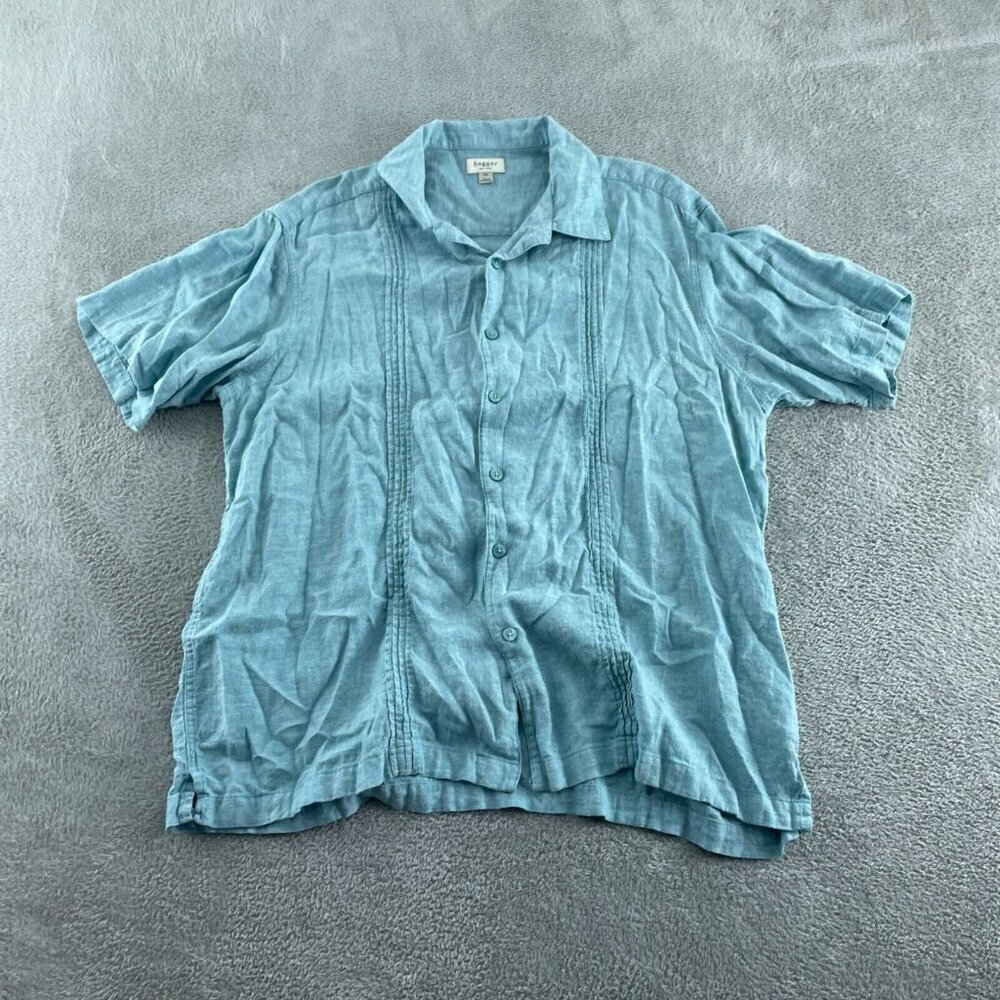 Haggar Mens XXL Blue Linen Blend Short Sleeve Button-Up Shirt 3412